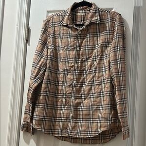 Burberry Brit 100% cotton linen in Beige and Black with Red Accents.  Slim fit